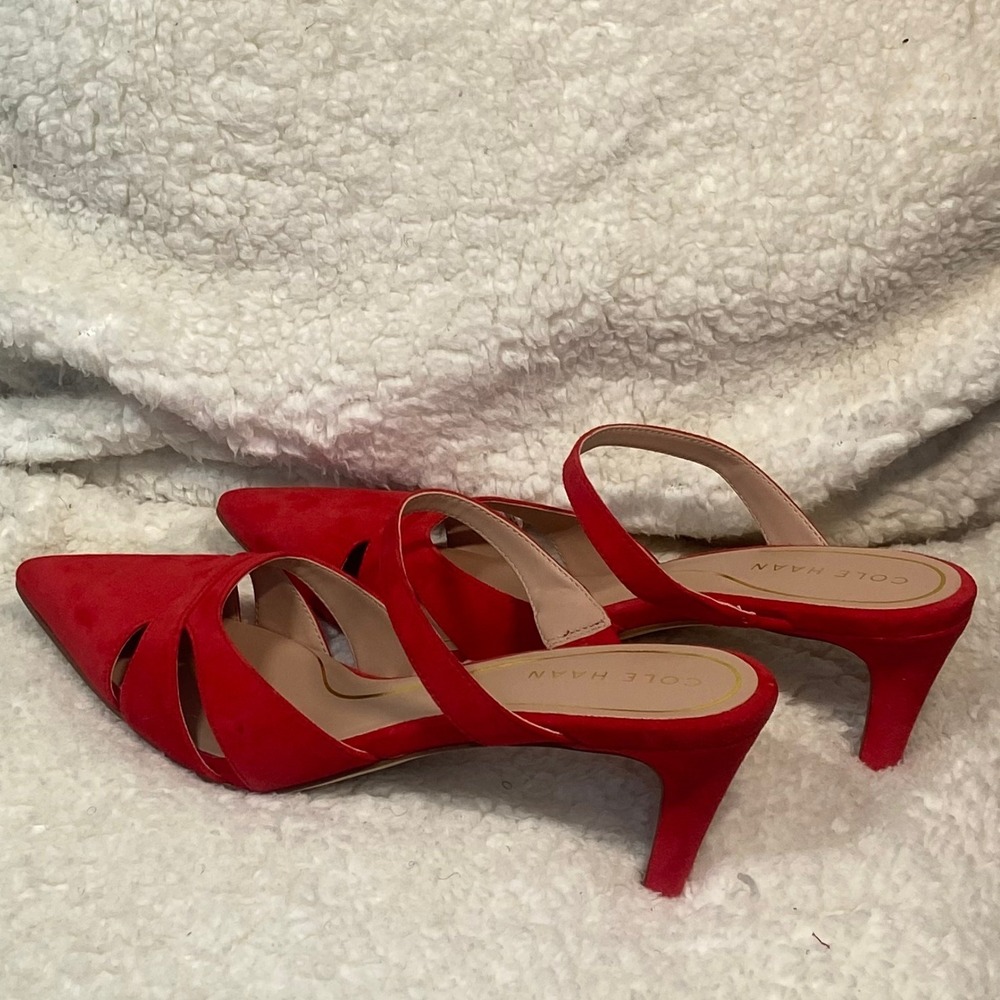 Cole Haan Red Vandam Dress‎ Mules Pointed Toe Pumps Sz 8B Heeled Sandals - Picture 2 of 9